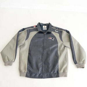 VTG 90'S NFL Team Apparel New England Patriots Blue And Gray Faux Leather Jacket